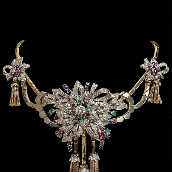 1940s French Retro Diamond Emerald Ruby Sapphire 18k Platinum Necklace - Jacob's Diamond and Estate Jewelry