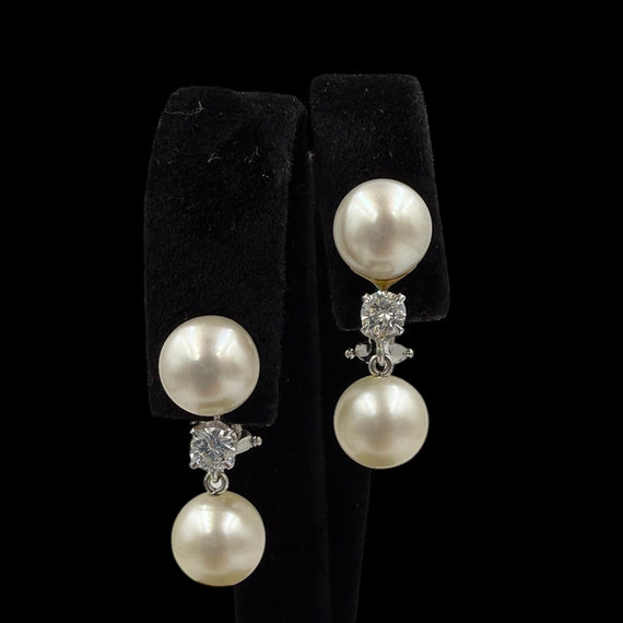 1950s Pearl Drop Diamond 14k White Gold Earrings - Jacob's Diamond and Estate Jewelry