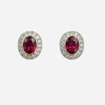 Ruby Diamond Halo White Gold Stud Earrings