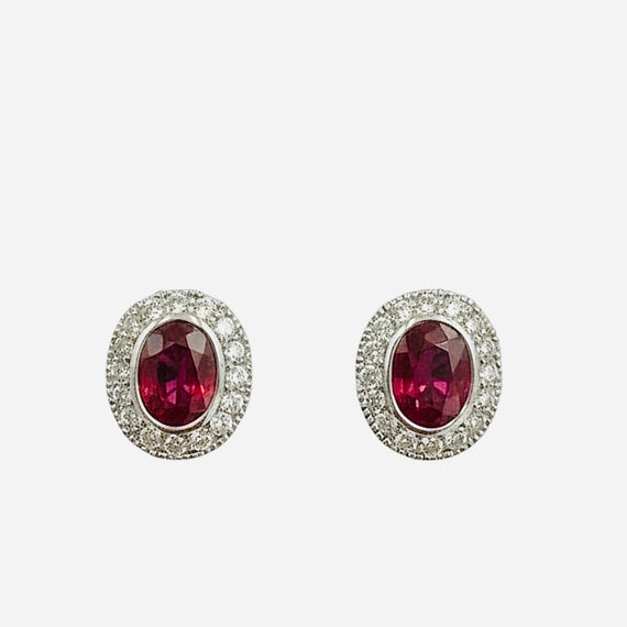 Ruby Diamond Halo White Gold Stud Earrings