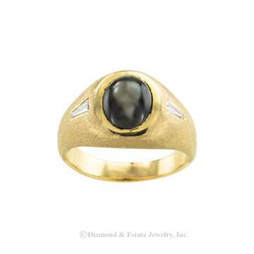 Black star sapphire and diamond gentleman’s gold ring. Jacob's Diamond & Estate Jewelry.