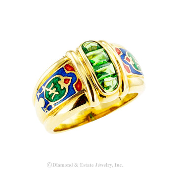 Green tourmaline and polychrome enamel yellow gold ring circa 1990. Jacob's Diamond & Estate Jewelry.