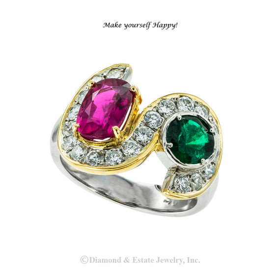 Pink tourmaline emerald and diamond platinum and 20-karat gold ring circa 1990. Jacob's Diamond & Estate Jewelry.