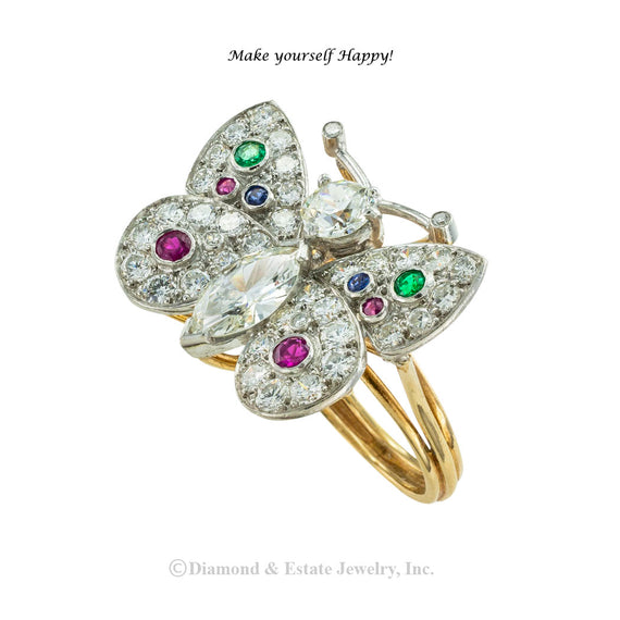 Precious gems diamond platinum and gold butterfly ring circa 1960. Jacob's Diamond & Estate Jewelry.