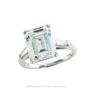 GIA report certified 5.31 carat E VVS1 emerald-cut diamond engagement ring circa 1960.  Jacob's Diamond & Estate Jewelry.