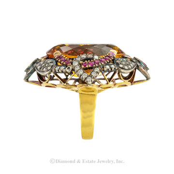 Citrine diamond and ruby silver and gold cocktail ring. Jacob's Diamond & Estate Jewelry.