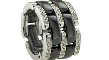 Chanel Black Ceramic Diamond White Gold Ultra Wide Flex Ring Size 5 1/4