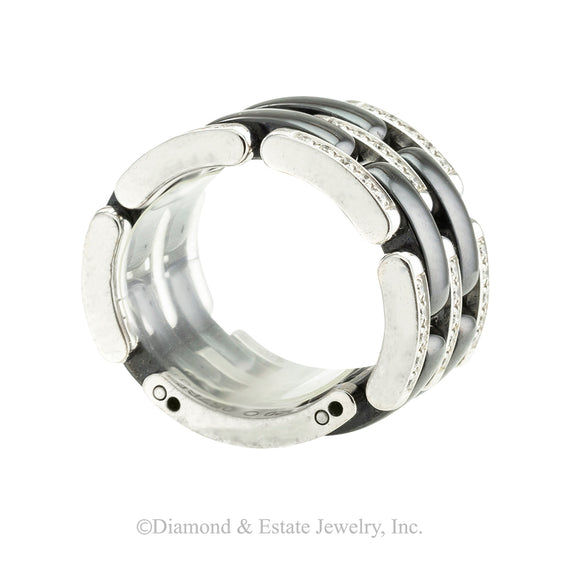 Chanel Black Ceramic Diamond White Gold Ultra Wide Flex Ring Size