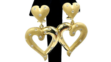 Heart Shaped Dangling Yellow Gold Diamond Earrings