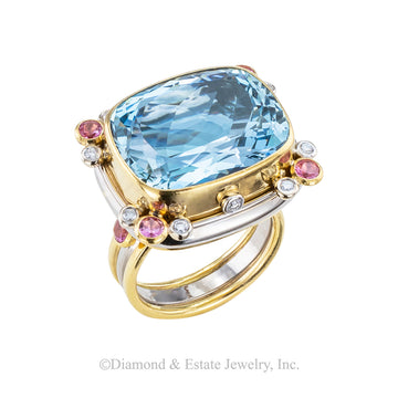 Estate aquamarine, pink sapphire, diamond, and two-tone, 21-karat and 18-karat gold cocktail ring, size 6 ¾.