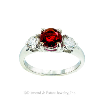 AGL report certified no heat 1.52 carats Burma Ruby diamond and platinum three-stone ring. Jacob's Diamond & Estate Jewelry.