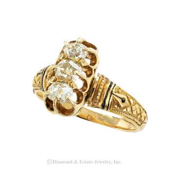 Victorian old mine cut diamond and black enamel three-stone gold ring circa 1890.  Jacob's Diamond & Estate Jewelry.