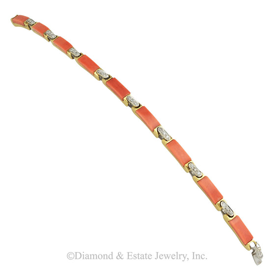 Coral diamond and yellow gold link bracelet circa 1960. Jacob's Diamond & Estate Jewelry.