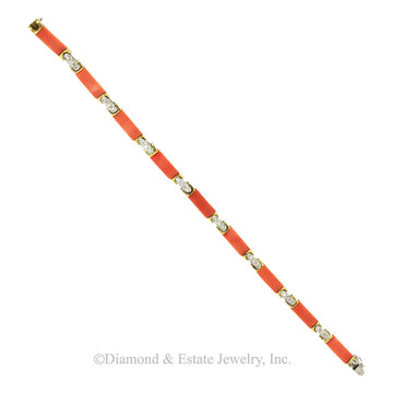 Coral diamond and yellow gold link bracelet circa 1960. Jacob's Diamond & Estate Jewelry.