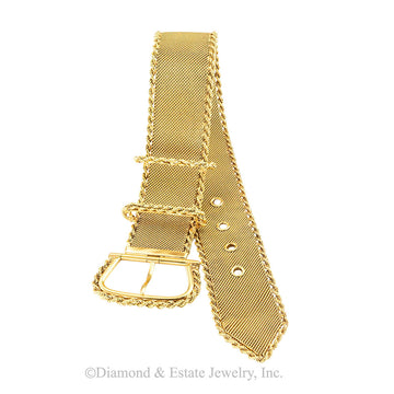 Mesh yellow gold buckle and adjustable strap bracelet circa 1960. Jacob's Diamond & Estate Jewelry