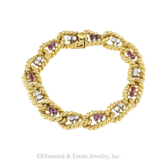 Ruby diamond and yellow gold link bracelet circa 1970.  Jacob's Diamond & Estate Jewelry.