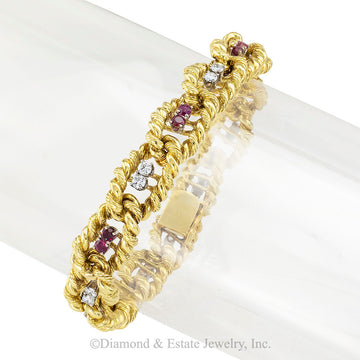 Ruby diamond and yellow gold link bracelet circa 1970.  Jacob's Diamond & Estate Jewelry.