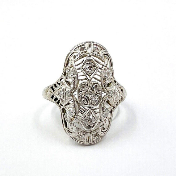Art Deco Diamond Filigree White Gold Platinum Ring - Jacob's Diamond and Estate Jewelry