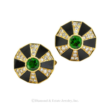 Chrome diopside diamond black onyx and yellow gold cufflinks by Denton. Jacob's Diamond & Estate Jewelry.