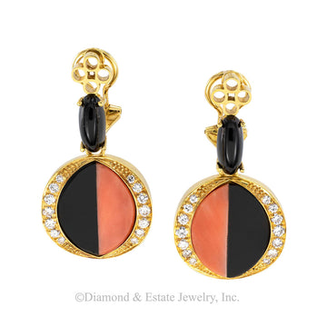 Estate coral, onyx, and diamonds yellow gold, clip-on, drop earrings circa 1970.