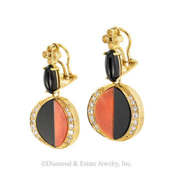 Estate coral, onyx, and diamonds yellow gold, clip-on, drop earrings circa 1970.