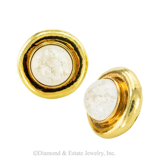 Elizabeth Gage rock crystal and yellow gold button clip-on earrings circa 2001. Jacob's Diamond & Estate Jewelry.