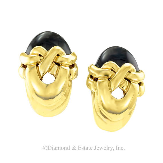 Onyx and yellow gold clip-on earrings. Jacob's Diamond & Estate Jewelry.