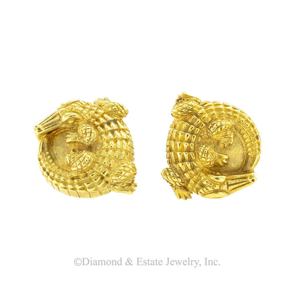 Keisselstein Cord yellow gold alligator clip-on earrings circa 1988. Jacob's Diamond & Estate Jewelry.