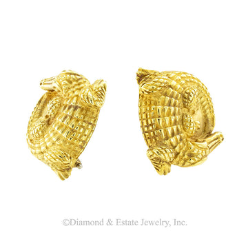 Keisselstein Cord yellow gold alligator clip-on earrings circa 1988. Jacob's Diamond & Estate Jewelry.
