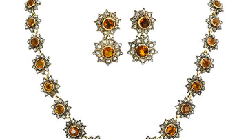 Victorian Citrine Rose Cut Diamond Earring Necklace Set