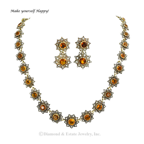 Victorian citrine rose-cut diamonds silver and gold earrings and necklace set circa 1890.  Jacob's Diamond & Estate Jewelry.