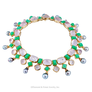 Tony Duquette Chrysoprase Rose Quartz Tahitian Pearl Gold Necklace - Jacob's Diamond and Estate Jewelry