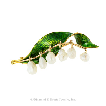 Marcus & Co green enamel and pearl lily of the valley antique brooch circa 1900.  Jacob's Diamond & Estate Jewelry.