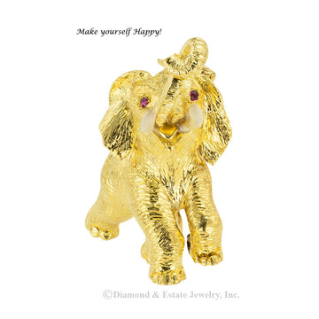 Ruby enamel ruby and gold figural elephant clip brooch circa 1970.  Jacob's Diamond & Estate Jewelry.