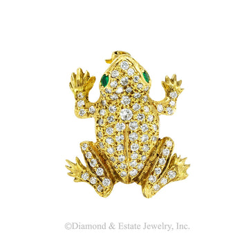 Austrian diamond emerald and yellow gold frog brooch circa 1930. Jacob's Diamond & Estate Jewelry.