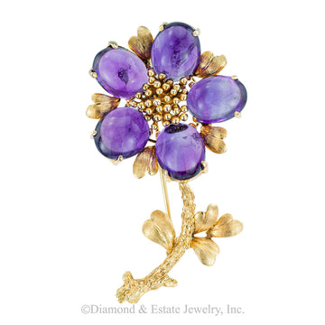 Vintage Cabochon Amethyst Yellow Gold Flower Brooch - Jacob's Diamond and Estate Jewelry