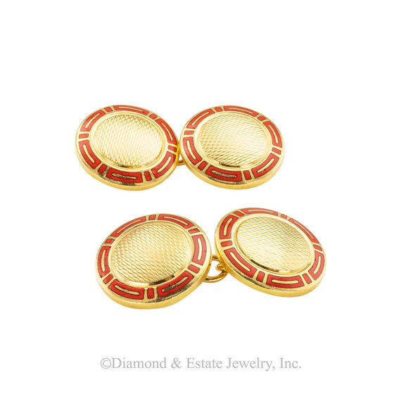 Bulgari red enamel and gold double-sided cufflinks circa 1990.  Jacob's Diamond & Estate Jewelry.