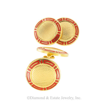 Bulgari red enamel and gold double-sided cufflinks circa 1990.  Jacob's Diamond & Estate Jewelry.