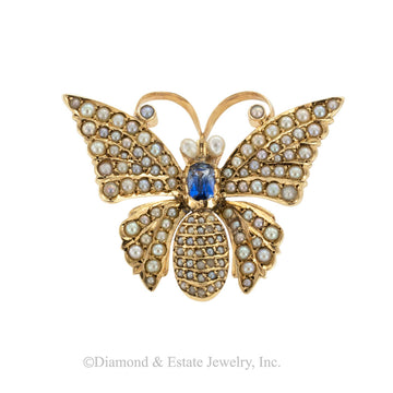Victorian blue sapphire seed pearl and gold butterfly brooch pendant with watch hook circa 1890. Jacob's Diamond & Estate Jewelry.