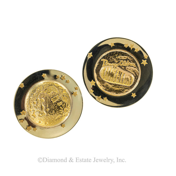 Tiffany & Co Buzz Aldren first man on the moon commemorative gold cufflinks. Jacob's Diamond & Estate Jewelry.