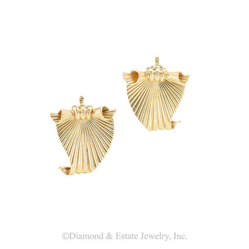 Retro yellow gold brooch and matching clip-on earrings circa 1950. Jacob's Diamond & Estate Jewelry.