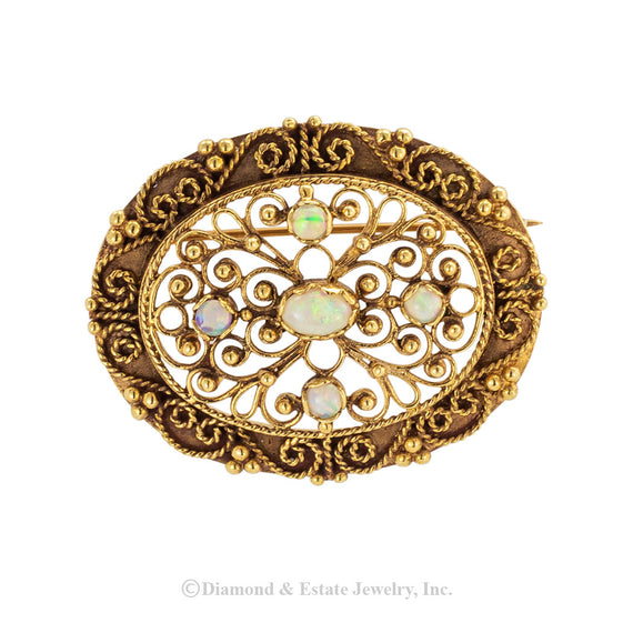 Vintage opal and yellow gold brooch pendant circa 1950. Jacob's Diamond & Estate Jewelry.