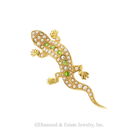 Antique demantoid garnets rose-cut diamonds pearls and gold salamander brooch circa 1900. Jacob's Diamond & Estate Jewelry.