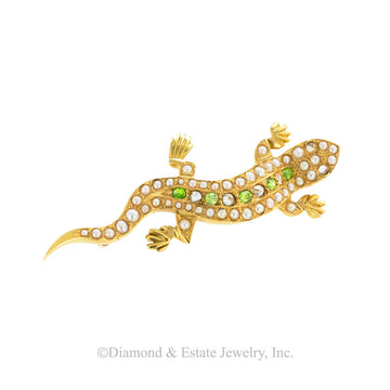 Antique demantoid garnets rose-cut diamonds pearls and gold salamander brooch circa 1900. Jacob's Diamond & Estate Jewelry.