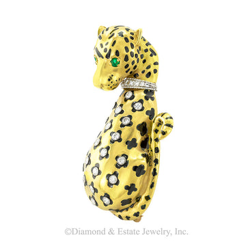 Diamond black enamel and yellow gold leopard brooch circa 1970.  Jacob's Diamond & Estate Jewelry.