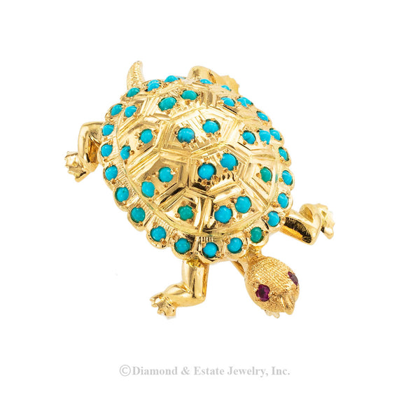 Vintage turquoise and yellow gold turtle brooch circa 1950. Jacob's Diamond & Estate Jewelry.
