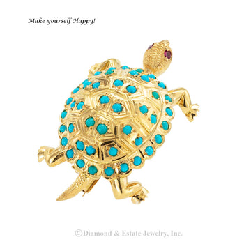Vintage turquoise and yellow gold turtle brooch circa 1950. Jacob's Diamond & Estate Jewelry.