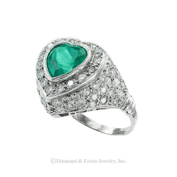 Heart-shaped emerald and diamond estate platinum ring.  Jacob's Diamond & Estate Jewelry.