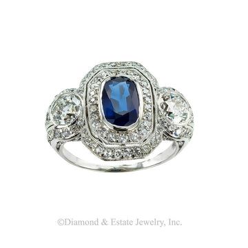 Edwardian sapphire diamond and platinum ring circa 1910. Jacob's Diamond & Estate Jewelry.