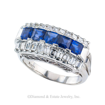 Estate blue sapphire baguette diamonds and platinum ring band circa 1980.  